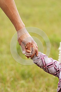 Parent holds the hand of a small child