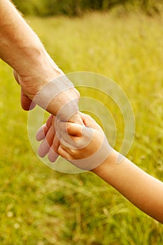 Parent holds the hand of a small child