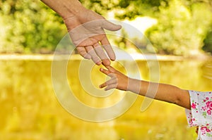 Parent holds the hand of a small child