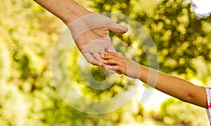 Parent holds the hand of a small child