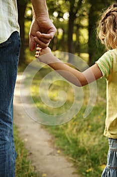The parent holds the hand of a small child