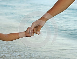 Parent holds the hand of a small child