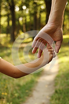 The parent holds the hand of a small child