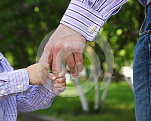 Parent holds the hand of a small child