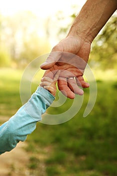 Parent holds the hand of a small child