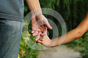 Parent holds the hand of a small child