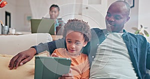 Parent, kid and learning with tablet on sofa for homeschool or online assessment and virtual education for courses. Dad