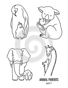 Parent and kid vector animals coloring page part 1