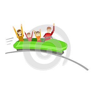 Parent And Kids On Rollercoaster Ride In Amusement Park, Happy Family Having Good Time Together Illustration