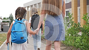 Parent leads to school child with backpack back view. kids go to school with backpacks education concept. mom leads