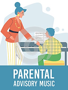 Parental advisory for music lessons at home banner, flat vector illustration.