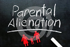 Parental alienation. Chalk inscription on a blackboard and family figures. photo