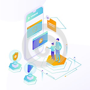 Parental control advisory app with video tracking and content restrictions, vector isometric illustration.