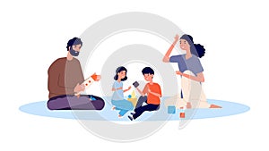 Parenthood concept. Happy family playing. Mother father son and daughter vector characters