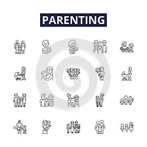 Parenting line vector icons and signs. Mothering, Raising, Nurturing, Guiding, Educating, Instructing, Directing