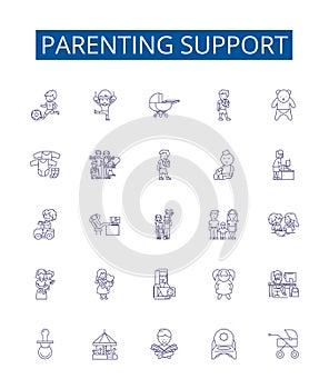 Parenting support line icons signs set. Design collection of Guidance, Backing, Nurturing, Mentoring, Counsel