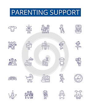 Parenting support line icons signs set. Design collection of Guidance, Backing, Nurturing, Mentoring, Counsel