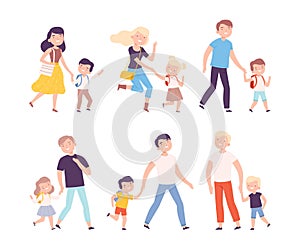 Parents Accompanying Their Children to School or Kindergarten Vector Set photo