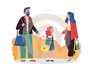 Parents accompanying their daughter to school, flat vector illustration isolated. photo