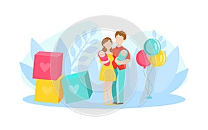 Parents with Babies Twins, Young Father and Mother with Newborn Kids, Happy Family Vector Illustration