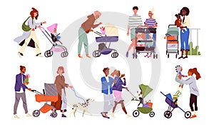 Parents and babies on walk vector set