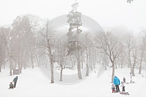 Parents carry children on a sled up the snowy slope.