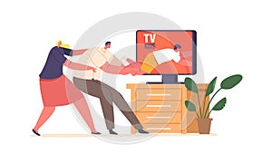 Parents Characters Pulling Kid On Rope From Tv Screen To Shield From Harmful Content, Vector Illustration