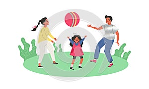 Parents with child playing ball outdoors, flat vector illustration isolated.