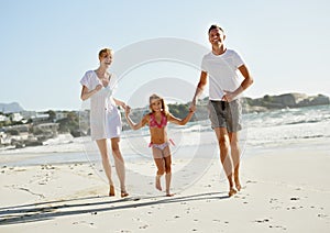 Parents, child and portrait on beach or running on holiday on island or bonding, connection or vacation. Man, woman and