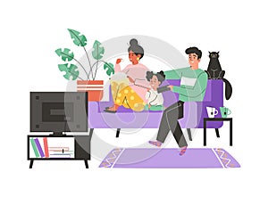 Parents and child watching TV at home flat cartoon vector illustration isolated.