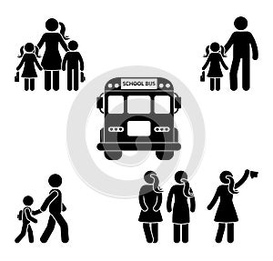 Parents and children before going to school stick figure. Bus, student, mother, father, boys, girls black icon.