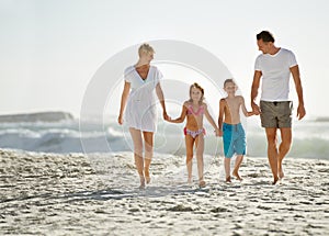 Parents, children and hand holding on beach for love connection with tropical travel, holiday or outdoor. Man, woman and