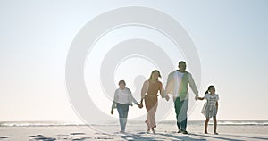 Parents, children and holding hands for walk on beach with mockup space by blue sky background for holiday. Father