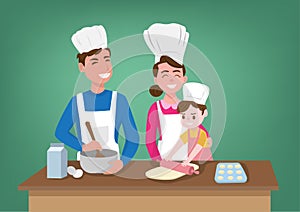 Parents and children preparing a festive cake at the kitchen. family ties vector illustration