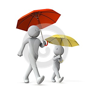 Parents and children taking a walk with an umbrella. The child looks up at the parent. Longing and respect. 3D rendering.