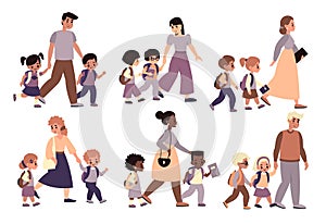 Parents with children walk set. Moms and dads hold hands and accompany kids to school, pupils with adults going class