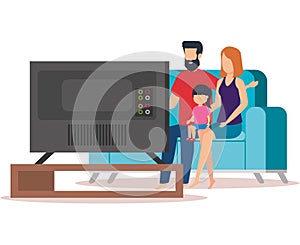 Parents couple with daughter waching tv