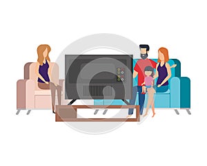 Parents couple with daughter waching tv