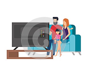 Parents couple with daughter waching tv