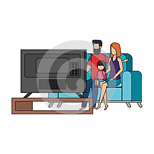 Parents couple with daughter waching tv