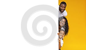 Parents And Daughter Peeking Out Of Blank White Board For Advertisement