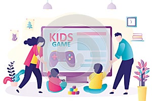 Parents drag children away from game console. Family problems. KIds are addicted to computer games, television and social networks