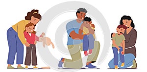Parents Gently Wrap Their Arms Around Their Crying Children, Comforting And Calming Down Them, Vector Illustration