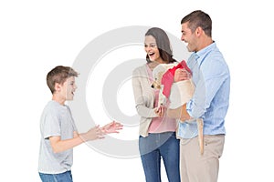 Parents gifting puppy to boy photo