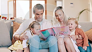 Parents, girl children and book on couch for reading, learning and development with care, love and bonding. Mom, dad and