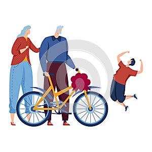 Parents give a bicycle or bike to their son, happy family. Mother, father and boy give gifts for New Year or birthday