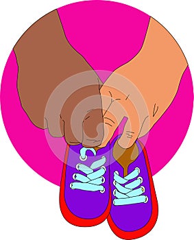 parents hand holds his baby\'s shoes vector Illustration