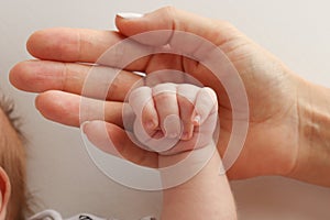 Parents' hands hold the fingers of a newborn baby Family health and medical care