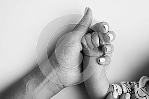 Parents& x27; hands hold the fingers of a newborn baby. Tiny fingers in a black white