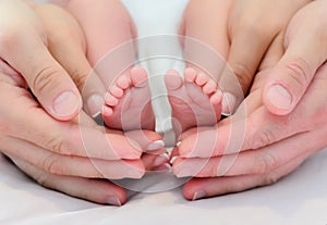 Parents  hands  holding small  newborn baby girl  feet